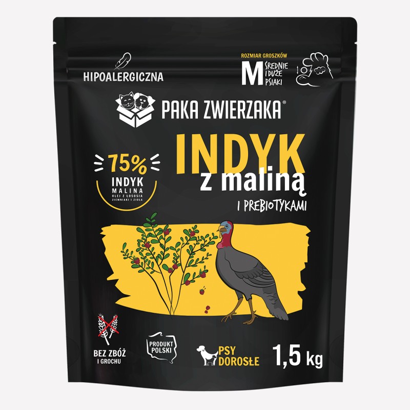 Karma sucha dla psa PAKA ZWIERZAKA indyk z maliną M 1,5 KG - Paka Zwierzaka Karma i Smaczki