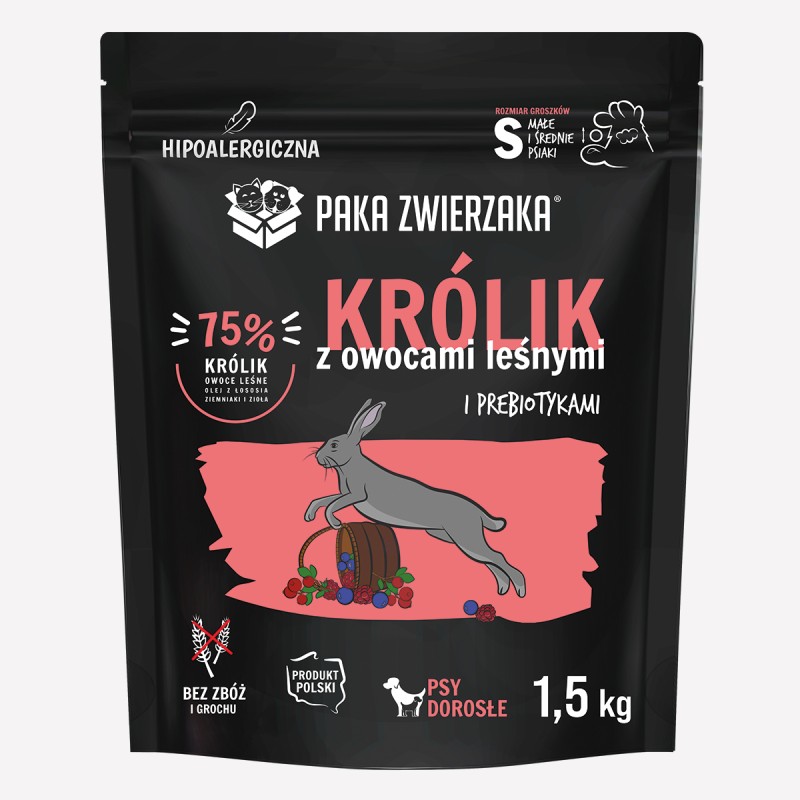 Karma sucha dla psa PAKA ZWIERZAKA królik z owocami leśnymi S 1,5 kg - Paka Zwierzaka Karma i Smaczki