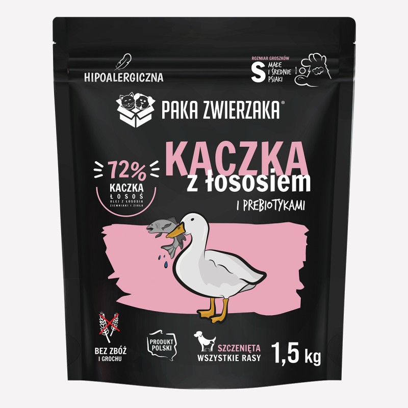 Karma sucha dla psa PAKA ZWIERZAKA kaczka z łososiem PUPPY S 1,5 kg - Paka Zwierzaka Karma i Smaczki