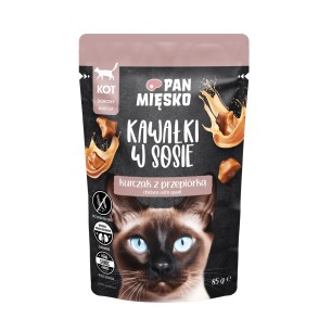 Karma mokra dla kota Pan Mięsko Kawałki w sosie Kurczak z przepiórką 85g (dorosły)