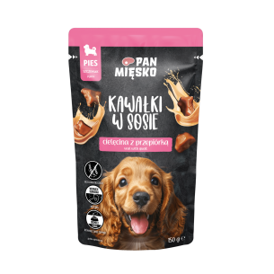 Karma mokra dla psa Pan Mięsko Kawałki w sosie Cielęcina z przepiórką 150g (szczeniak)